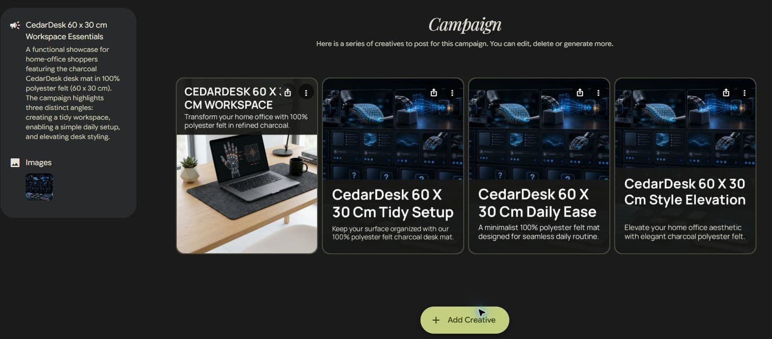 Actual browser capture of Signed-in campaign brief and first static-image generation
